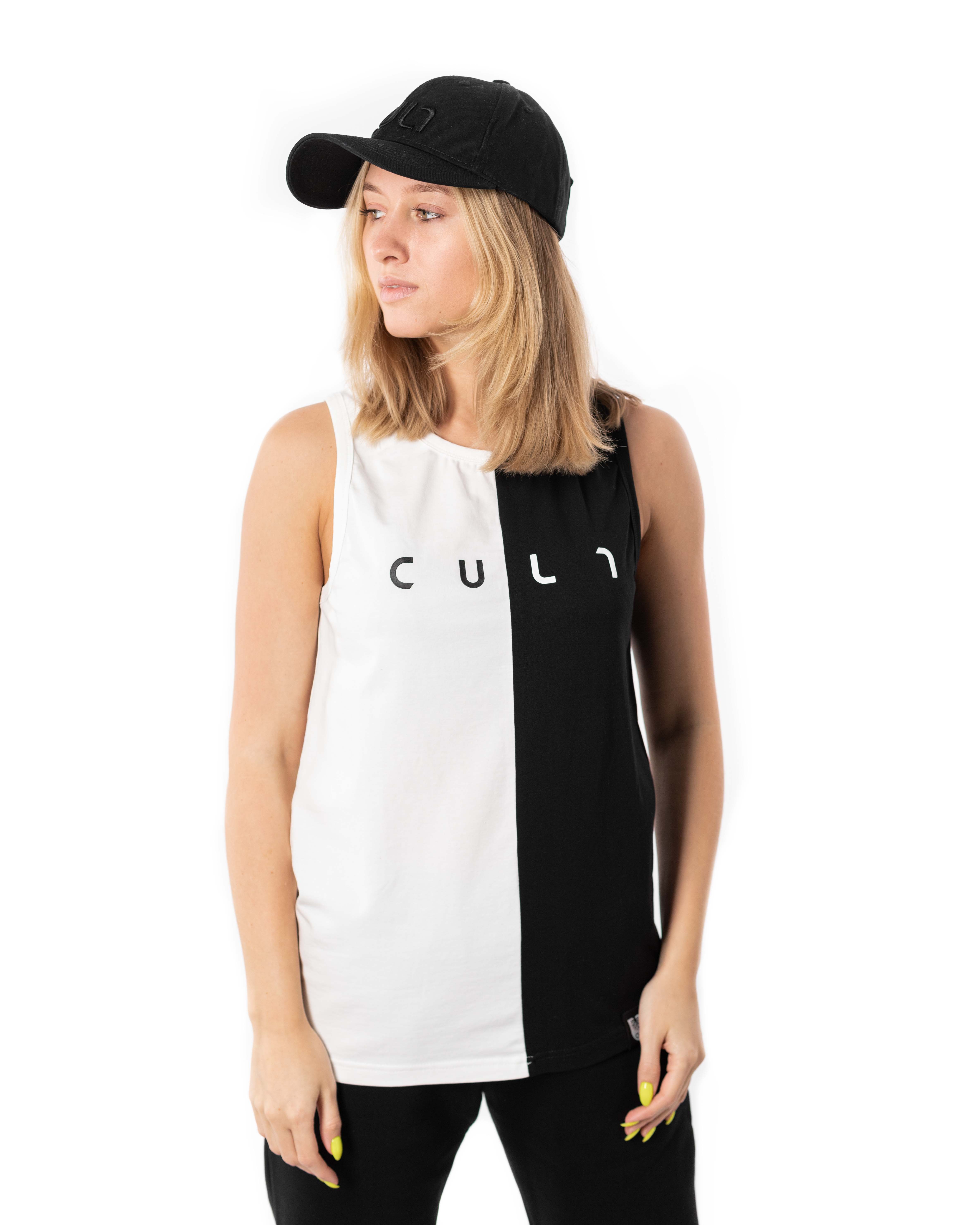 Майка женская "CULT" умеренный oversize CONTRAST черный/белый